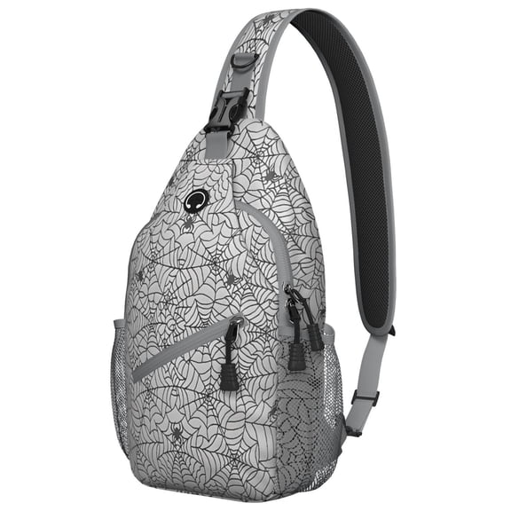 Sling Backpack,Halloween Spider Web and Spiders Sling Bag with Water Bottle Holder,Waterproof Sling Bag for Men/Women with Headphone Jack for Hiking,Travel