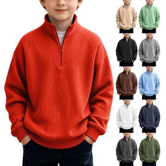 Teyfeniy Quarter Zipper Sweatshirts for Boys and Girls Waffle Knit Loose Long Sleeve Pullover Tops Fall Winter Loungewear Going out Outdoor Activity Shirts Casual Comfy Soft Blouses