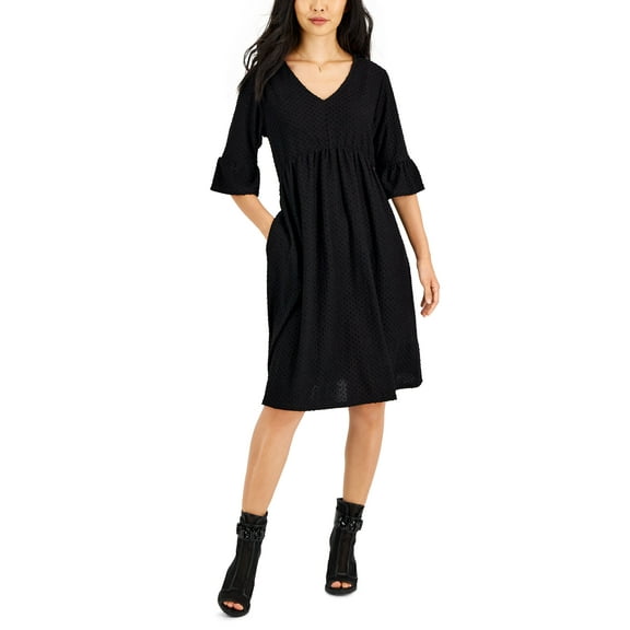 Petite Clip Dot Flared-Sleeve A-Line Dress Black PM
