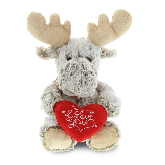 DolliBu I LOVE YOU Sitting Moose Plush – Cute Stuffed Animal with Red Heart Message for Valentine, Anniversary, Romantic Date, Boyfriend, or Girlfriend Gift – 11 Inches
