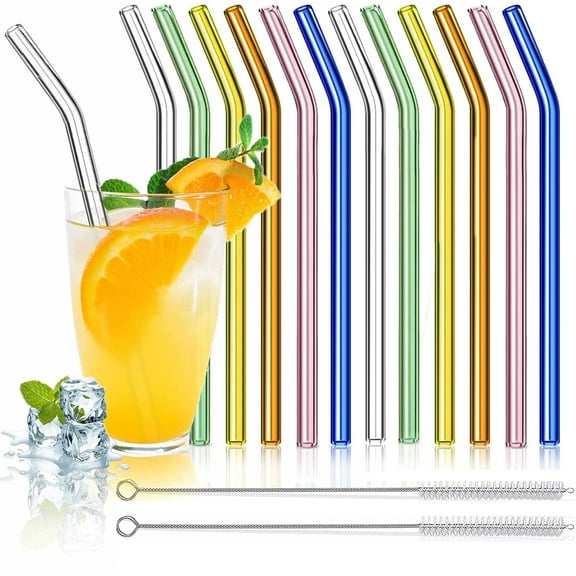 NOGIS Glass Straws, Reusable Bent Glass Drinking Straws with 2 Cleaning Brushes, Reusable Straws for Smoothies, Milkshakes, Juice(Multicolor, 12 Pack)
