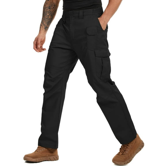 Asfixiado Men's Flex Cargo Pants Black Water Resistant Outdoor Trousers Ripstop Work Hiking Pants for Men with Multi Pockets