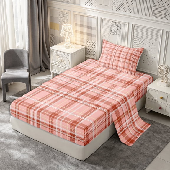 Castle Fairy Vintage Terracotta Tartan Twin Sheets 3pcs,Geometric Woven Line Bedding,Rust Pink White,1 Flat Sheet, 1 Fitted Sheet and 1 Pillowcase