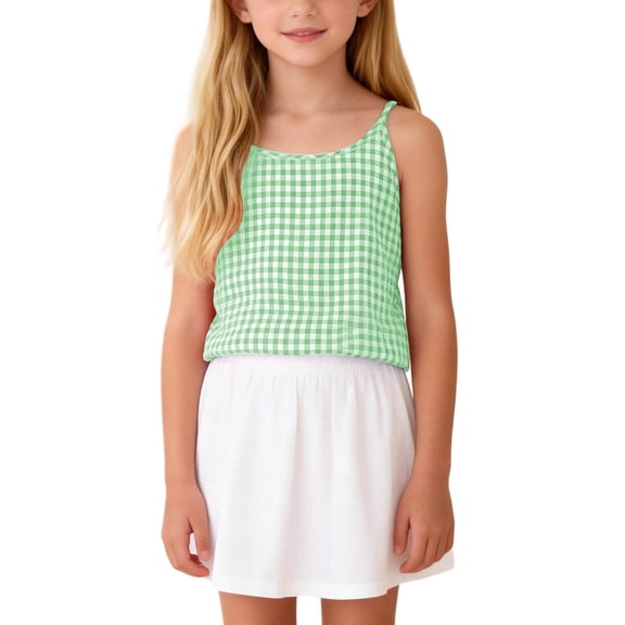 Amkhujs Tank Tops for Girls Summer Casual Loose Crew Neck Linen Tops Soft Spaghetti Strap Plaid Print Cute Tops