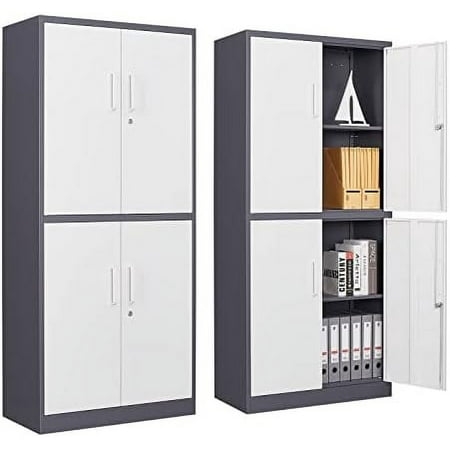 

YPQGTOL Metal Cabinet with Lock 71 Tall Steel File Locker with 2 Adjustable Shelves and 4 Doors Tall Cabinet for Office Garage Home Pantry (Grey White)
