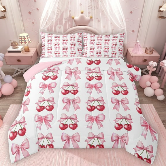 Homewish Kawaii Sweet Cherries Bedding Comforter Set,Girl Bowknot Ribbon Twin Comforter Sets,Pink White Red Bedding Set For Girl Teens,Super Cozy Room Decor Reversible,2 Pieces