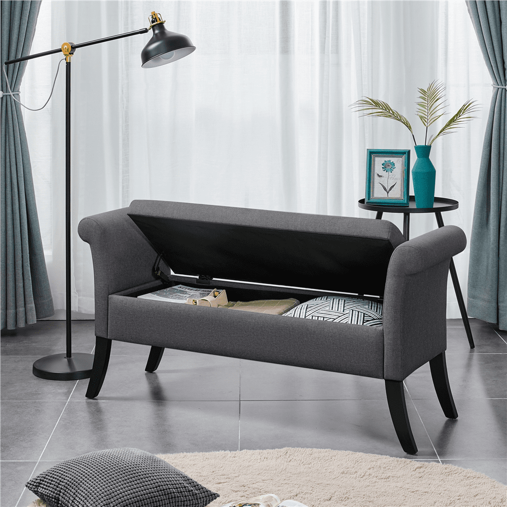 Alden Design Modern Fabric Tufted Storage Bench with Rolled Arms for Home, Dark Gray