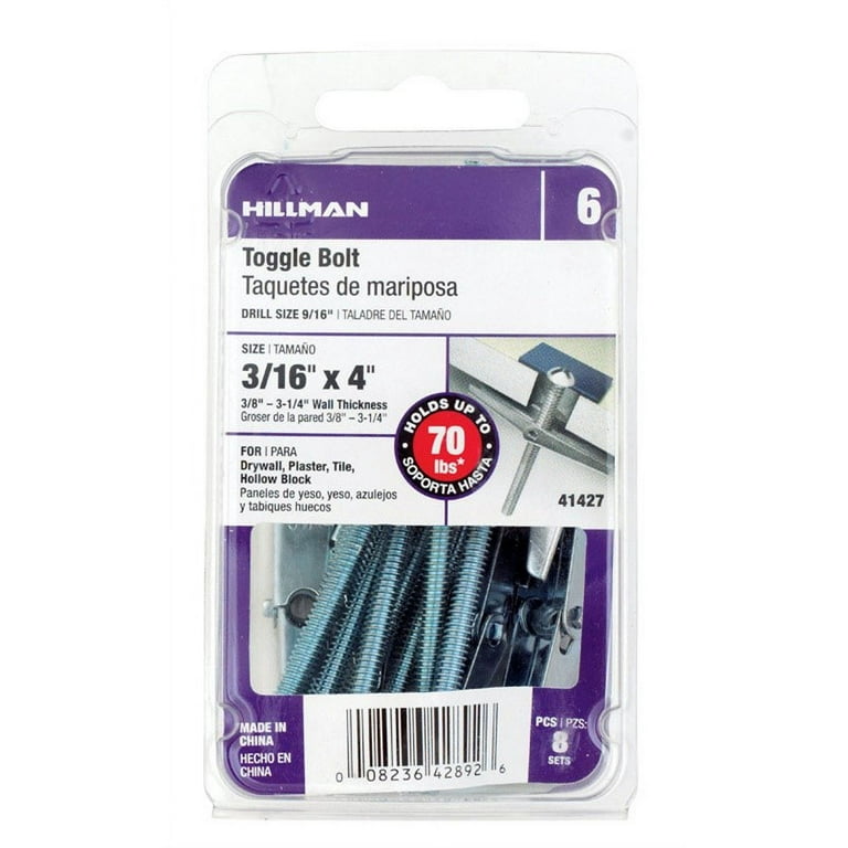 Hillman 3/16 in. D X 6 in. L Round Steel Toggle Bolt 50 pk Hillman 3/16 in. D X 6 in. L Round Steel Toggle Bolt 50 pk