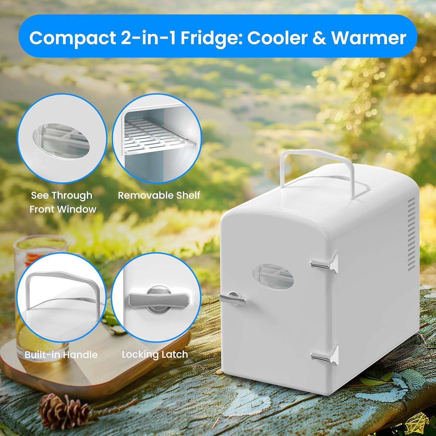 Simple Deluxe Mini Fridge with Observation Window, 6L/9 Can, Portable Warmer & Cooler, Personal Refrigerator, AC/DC, White New