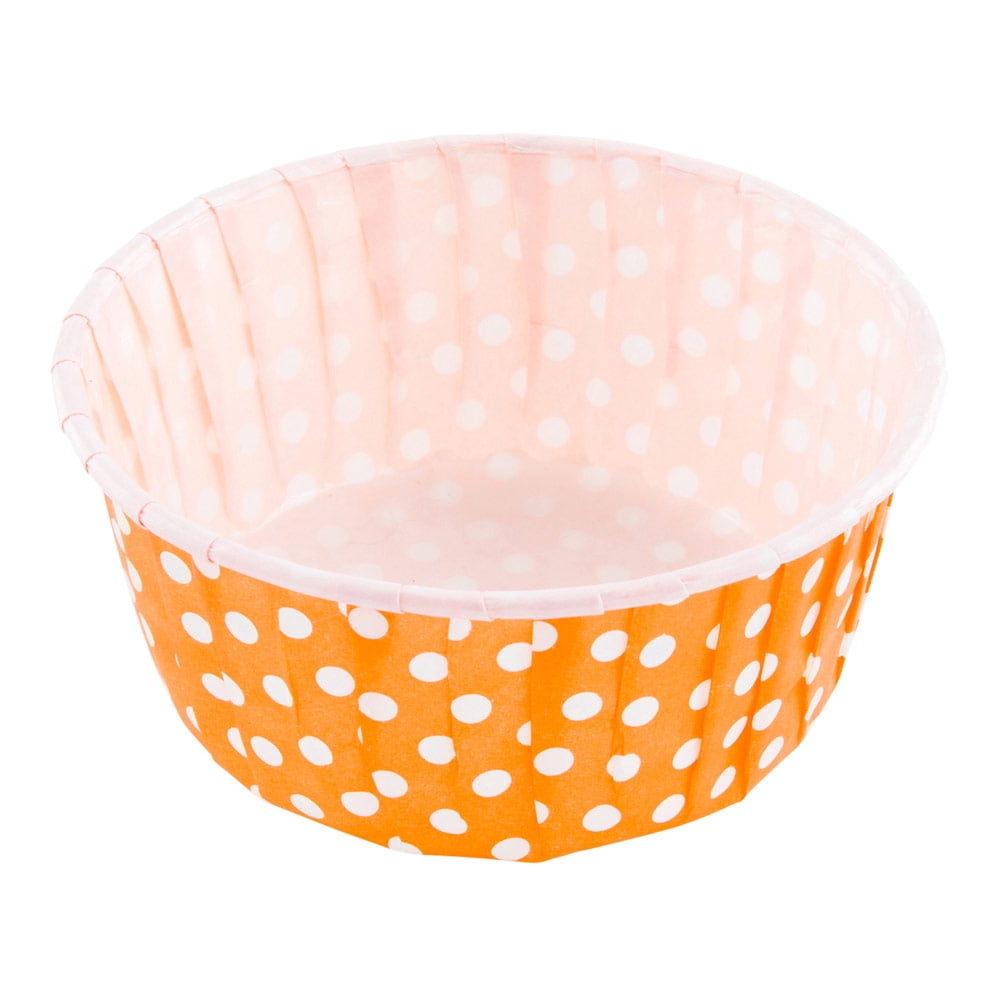 Panificio 5 oz Elliptical Polka-Dotted Hot Orange Paper Large Baking Cup -  Ridged - 4 1/2 x 2 1/2 x 1 1/4 - 200 count box