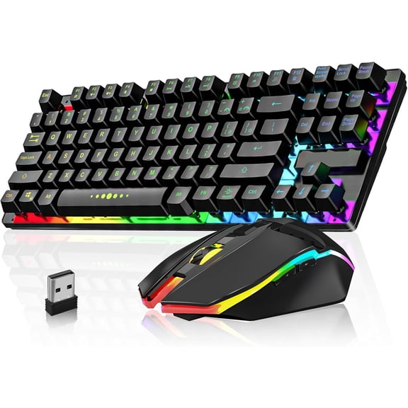 GJX Wireless Gaming Keyboard Mouse Combo Led Backlit Rechargeable Battery Ultra Compact Mechanical Feel Keyboard Rgb Mice Pc Gamer Business Office Durable Ergonomic Wide Compatibility Black