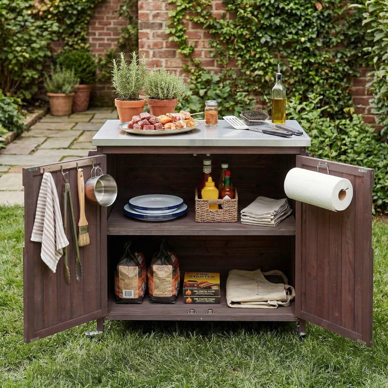 35.4''W Stainless Top Outdoor Rolling Kitchen Storage Island with Side Racks, Outdoor Grill Serving Cart with Cabinet & Adjustable Shelf