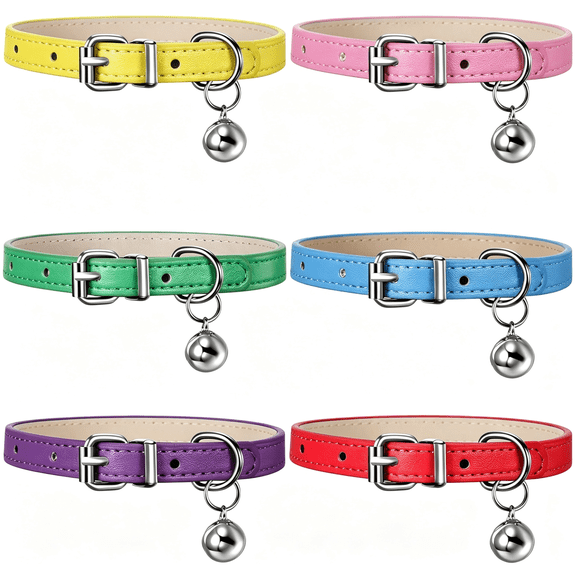 GASTROPOD 6 Pieces Leather Cat Collar with Bell Cute Pet Kitten Leather Collar for Boy Girl Cats for Small Kitten Puppy(Bright Color) Adorable Cat Collars