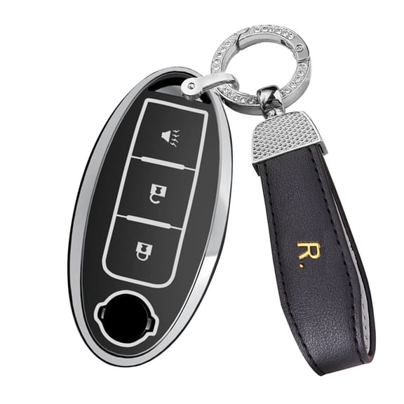 Soft TPU Sliver-Edge 3 Button Key Fob Cover for Nissan Rogue Murano Armada Pathfinder Accessories Keyless Key Case with Bling Leather Keychain