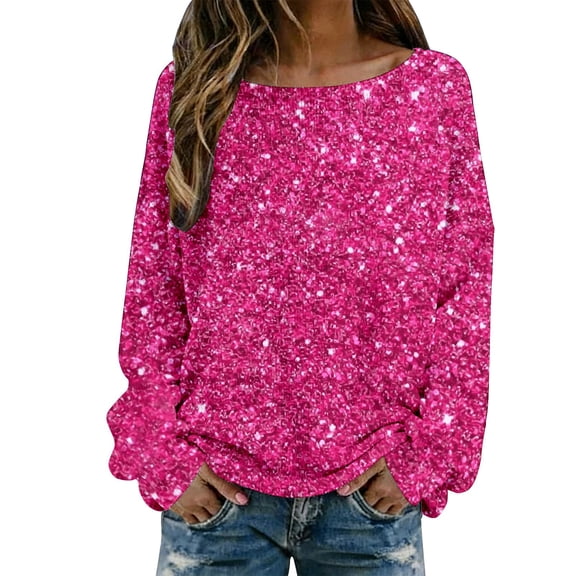 Telankuip Sparkly Sequin Printed Sweaters for Women Round Neck Long Sleeve Carnival Party Tops Lightweight Soft Comfy Holiday Party Casual Outfits Loose Fit Versatile Blouse 3-Hot Pink S