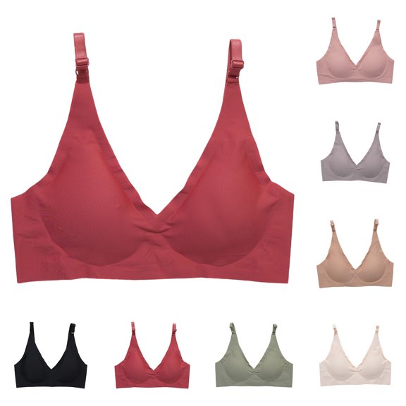 Gymayou Women's Wireless Seamless Bra Full Coverage Deep V Bralettes Softly Padded Comfort Bra with Adjustable Straps for Everyday Support Beige L