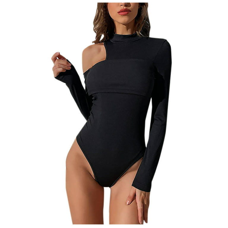 Aueoeo One Piece Bodysuit for Women, Seamless Jumpsuit for Women Women's  Black Solid Color Long Sleeve Middle Neck Hollow Tight One-Piece Underwear  
