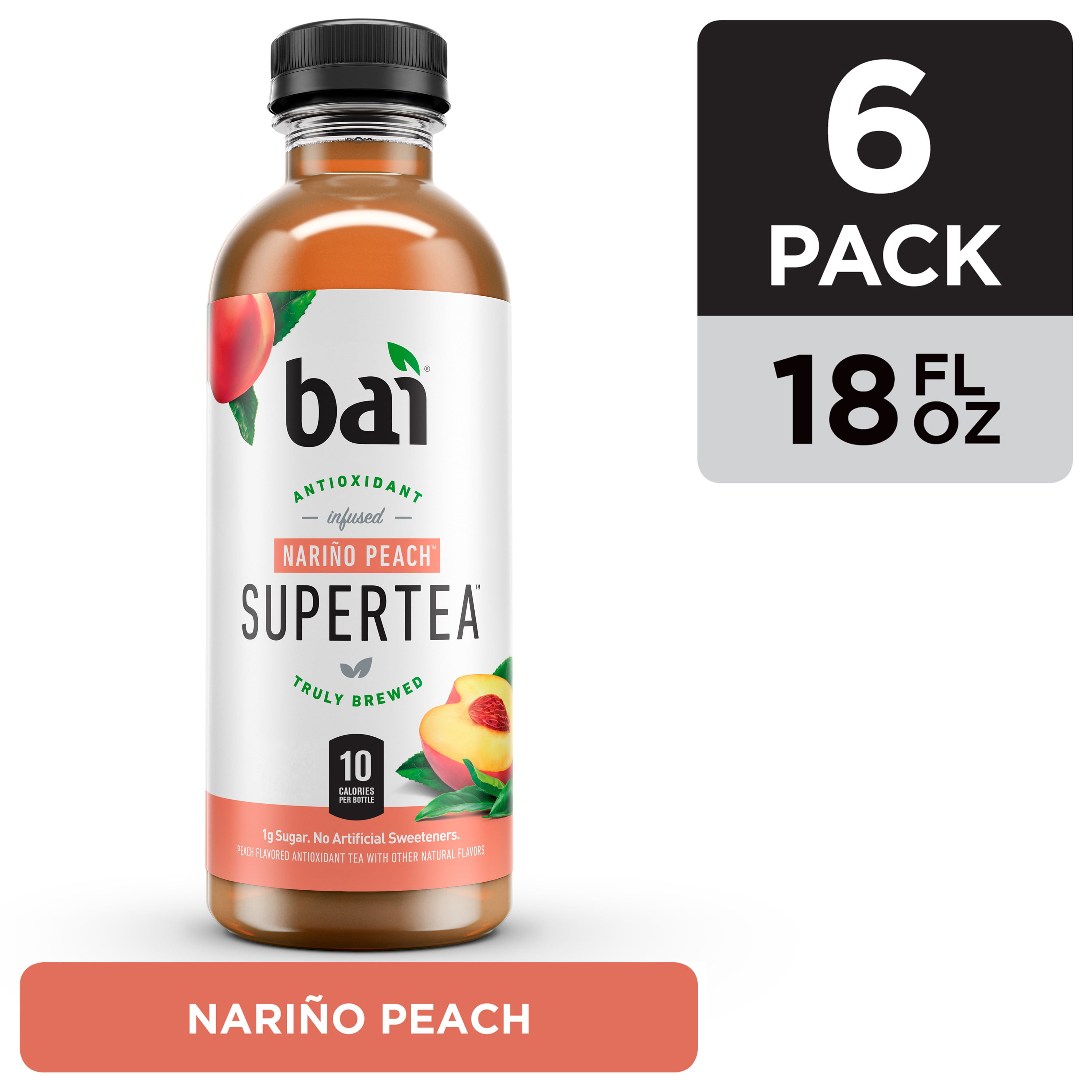 Bai Iced Tea, Narino Peach, Antioxidant Infused Supertea, 18 Fluid Ounce Bottle, 6 count