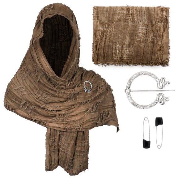 Medieval Cloak, Halloween Cape, Nomad Costume Scarf, Desert Scarf Set, Hooded Shawl With Viking Brooch | Cowl Scarf Rogue Medieval Cloak Renaissance Costume Cape Accessories, Coffee One Size