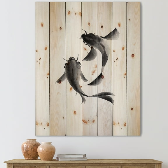 Designart 'Black and White Vintage Fish II' Nautical & Coastal Print on Natural Pine Wood