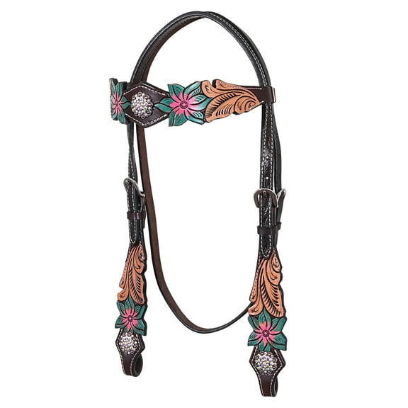 HILASON Western Horse Headstall American Leather Floral Dark Brown