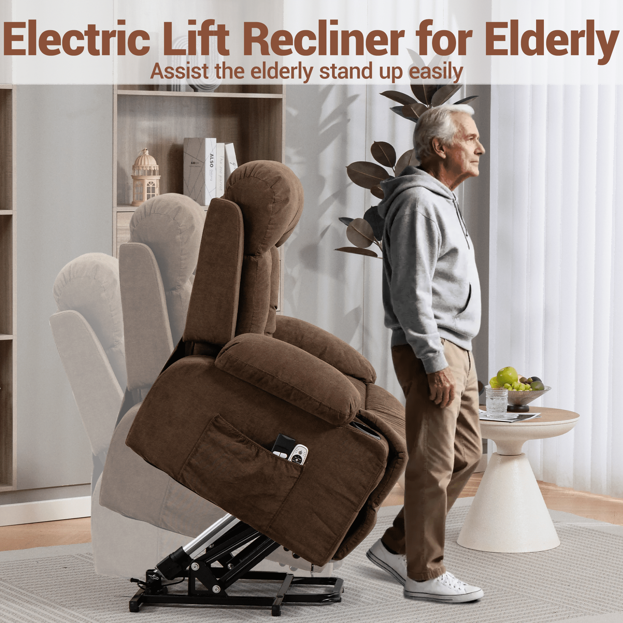 DELMANGO Power Lift Recliner Chair for Elderly, Electric Oversized Reclining Sofa with Vibration Massage & Heat, Cup Holder and USB Charging Port for Living Room, Brown
