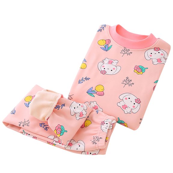 WOYY Loungewear Set for Girls Cartoon Print Knit Long Sleeve Top Pants Sleepwear Set Children's Clothes Sets, Sizes 1-2