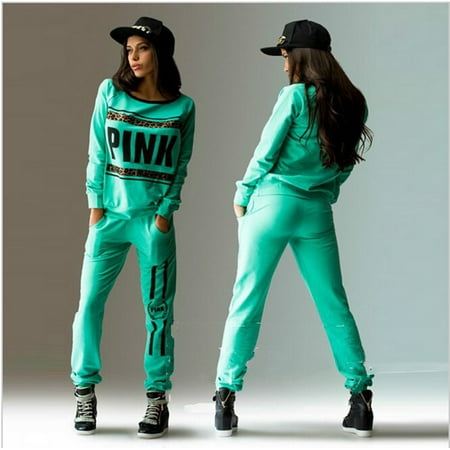 Fashion Womens 2Pcs Tracksuit Pullover tops + Pants, Green Hoodies Sweatshirt Sports Wear Tracksuit for Women
