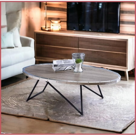 Gray Oak & Metal Oval Coffee Table – Industrial Style for Living Room Durable & Decor-Friendly