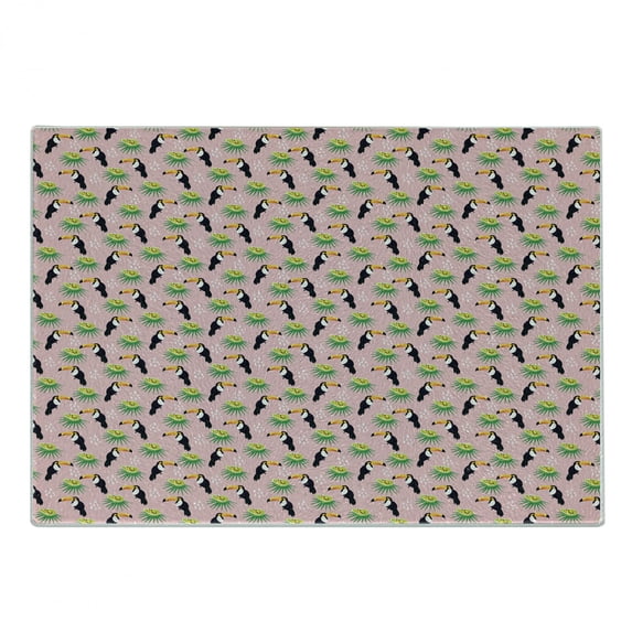 Bird Print Cutting Board, Funny Summer Pattern with Exotic Fruit Palm and Toucans on Pastel Back, Decorative Tempered Glass Cutting and Serving Board, in 3 Sizes, by Ambesonne