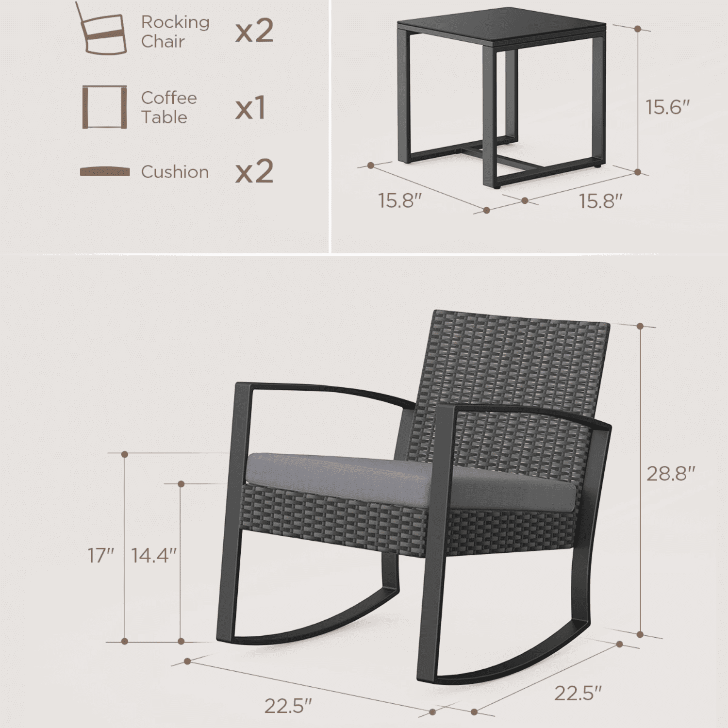 Patio Furniture Set on Sale, Jolifa 3-Piece Outdoor Bistro Balcony Chairs Set with Rocking Chairs and Tempered Glass Table for Porch & Backyard, Gray Cushion(Included)