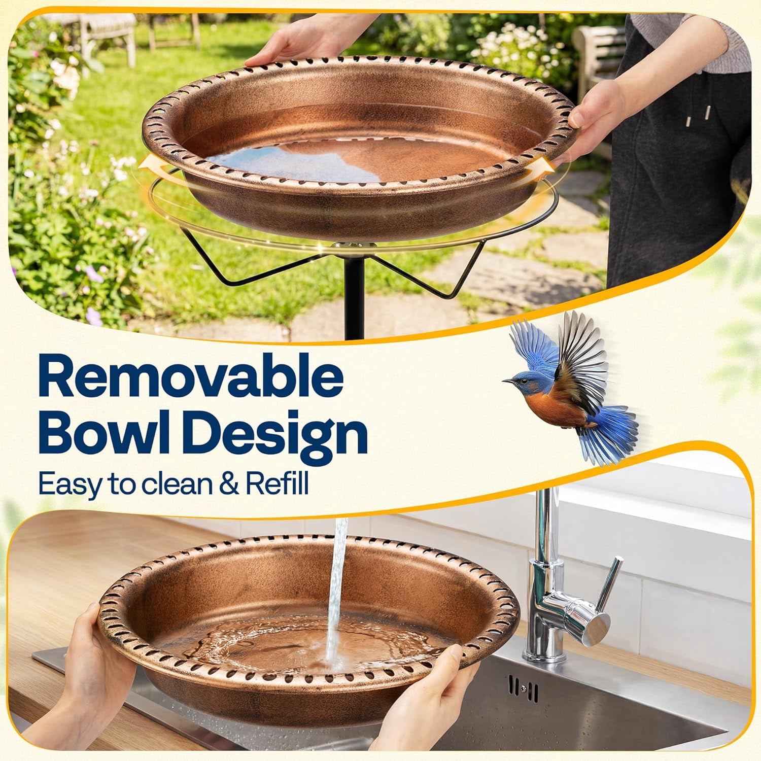 SPECSTAR Oval Bird Bath for Outside, Outdoor Birdbath Bowl with Metal Ground Stake, Weather-Resistant ABS Bird Bath and Feeder for Garden, 1.3 Gallons, Bronze