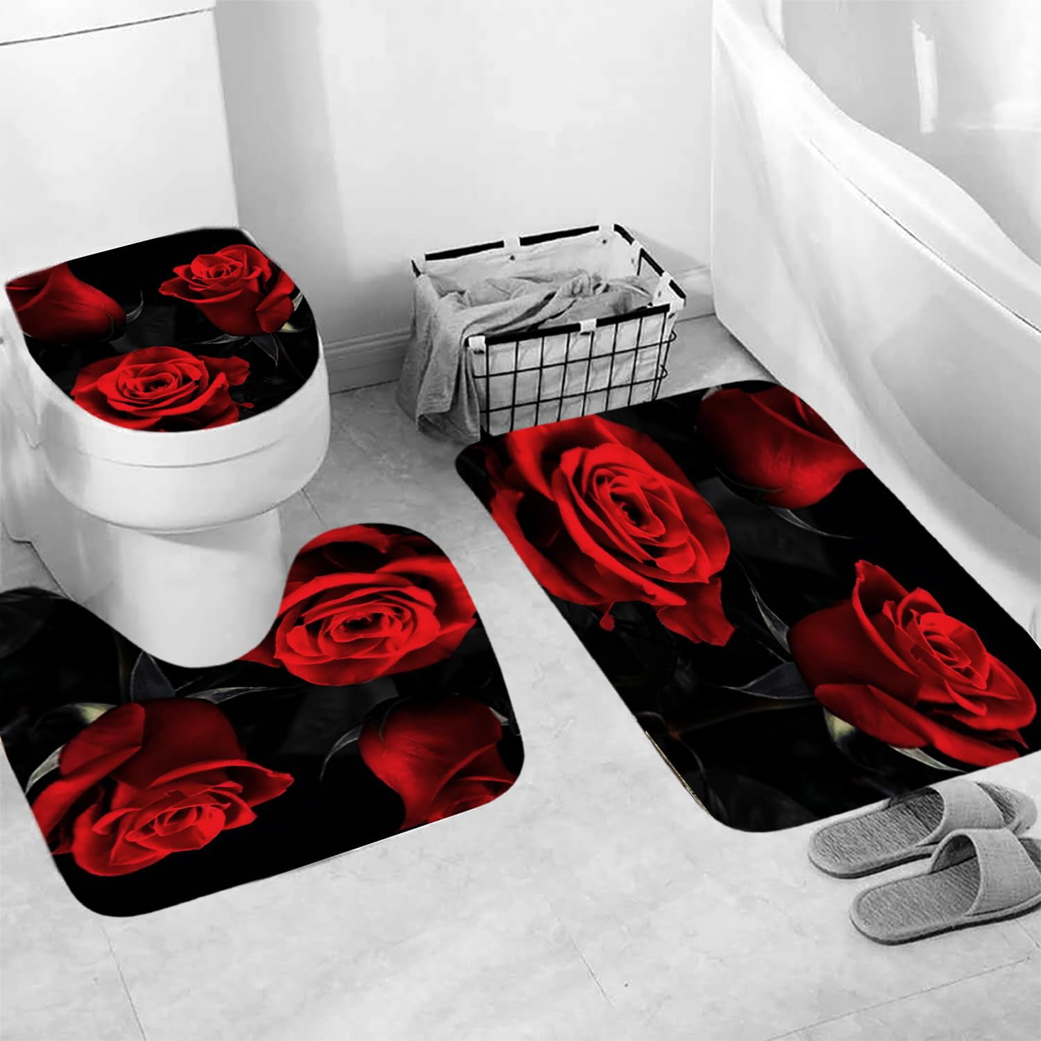 4Pcs Red Rose Shower Curtain Sets Three Red Rose Bathroom Curtain with Non-Slip Rug, Toilet Lid Cover, Bath Mat and 12 Hooks, Romantic Showy Floral Wedding Decor for Bath
