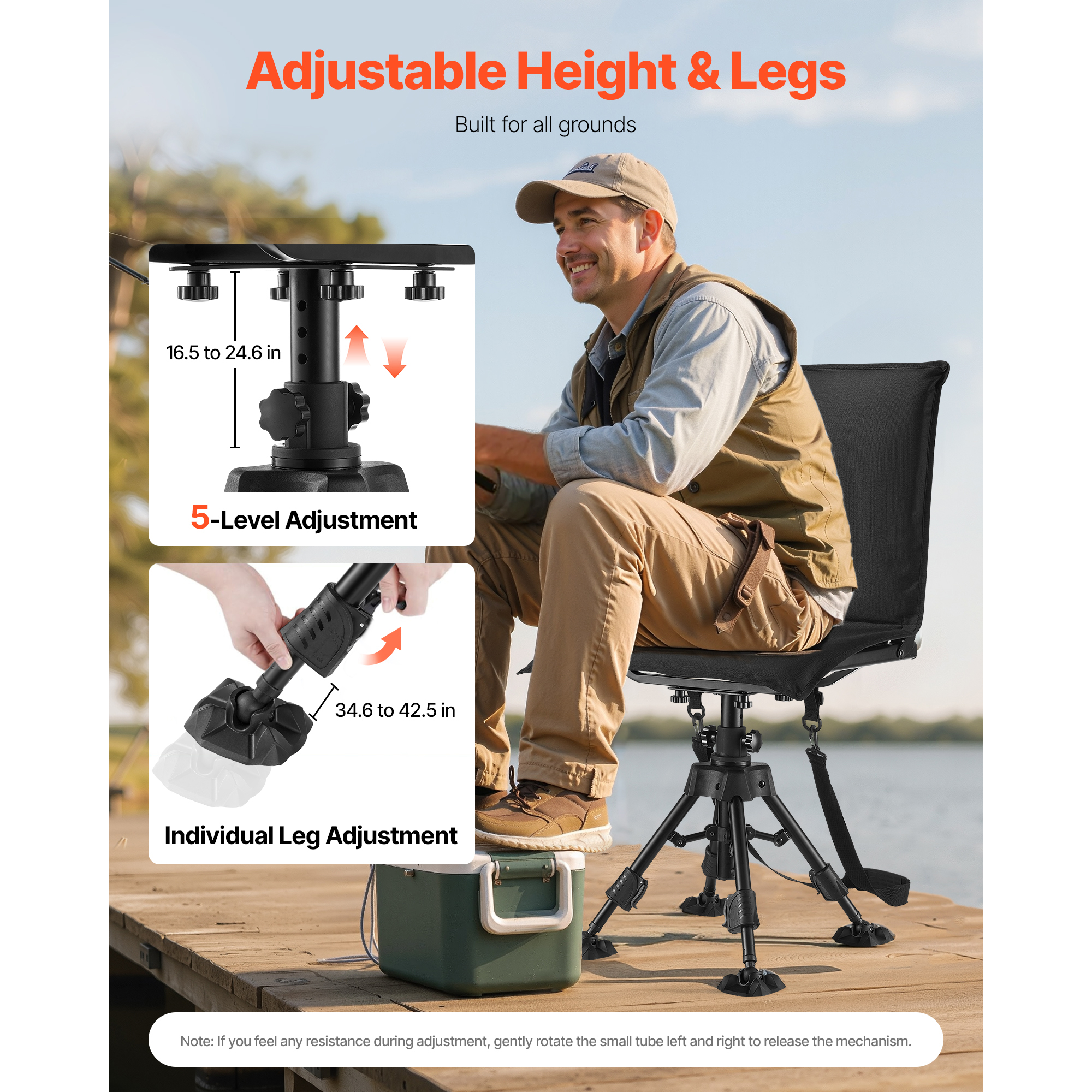 KFFKFF Hunting Chair with 360° Quiet Rotation, Foldable and Portable Blind Seat, Durable Steel Frame Ground Stool with Seat Cover, Stable Feet, Adjustable Height, 350 Lbs Weight Capacity