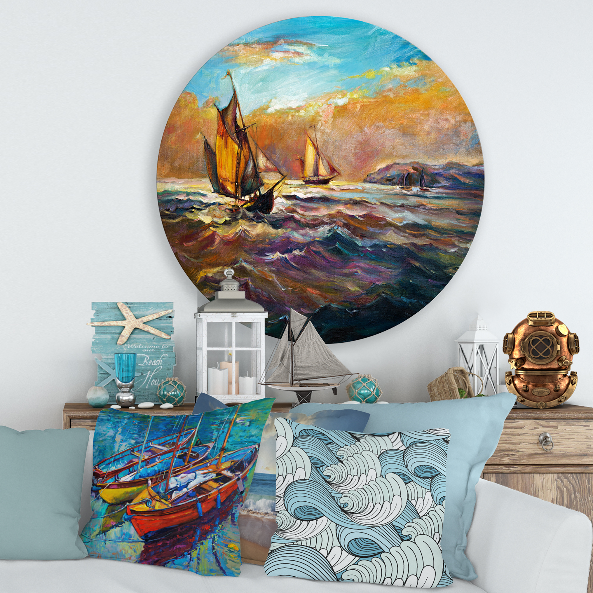 Designart 'Boats During Evening Sunset In The Ocean II' Nautical & Coastal Circle Metal Wall Art 36x36 - Disc of 36