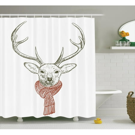 Antlers Decor Shower Curtain Set Ilration Of A Deer Wearing Antlers Decor Shower Curtain Set Ilration Of A Deer Wearing Scarf Knitted Neck Wintertime Cold