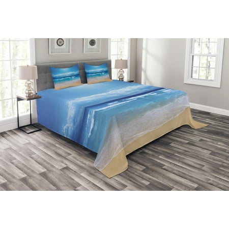 Beach Bedspread Set, Seascape Theme Landscape of the Beach and the Cloudy Sky in Summer Digital Print, Decorative Quilted Coverlet Set with Pillow Shams Included, Sand Brown Blue, by Ambesonne