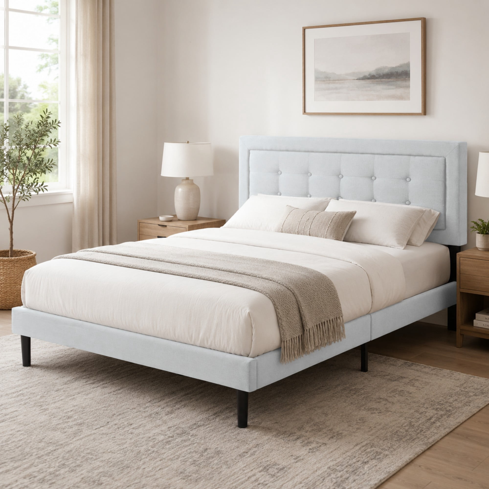 BSHTI Full Size Upholstered Platform Bed Frame with Square Tufted Headboard, Solid Wood Frame, 10 Wood Slats, No Box Spring Needed（Light Gray）