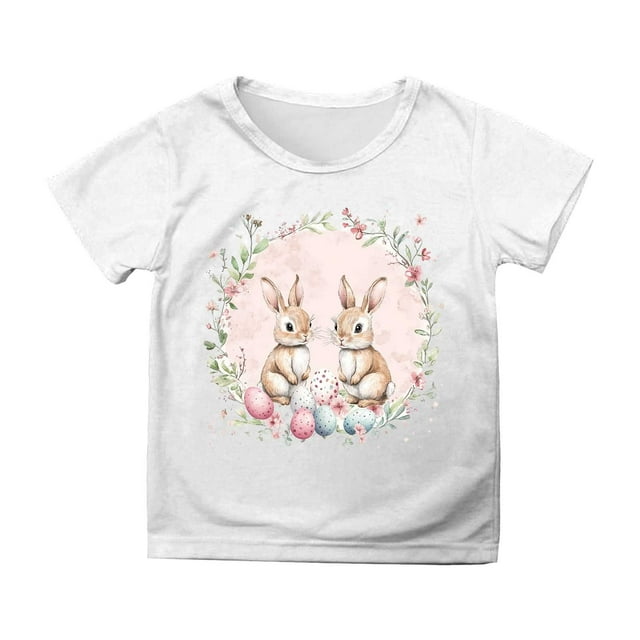NINGMENG Hauts et T-Shirts pour Filles, Lapin de Pâques, Col Rond, Manches Courtes, Décontracté, Blanc, 10-11 Ans