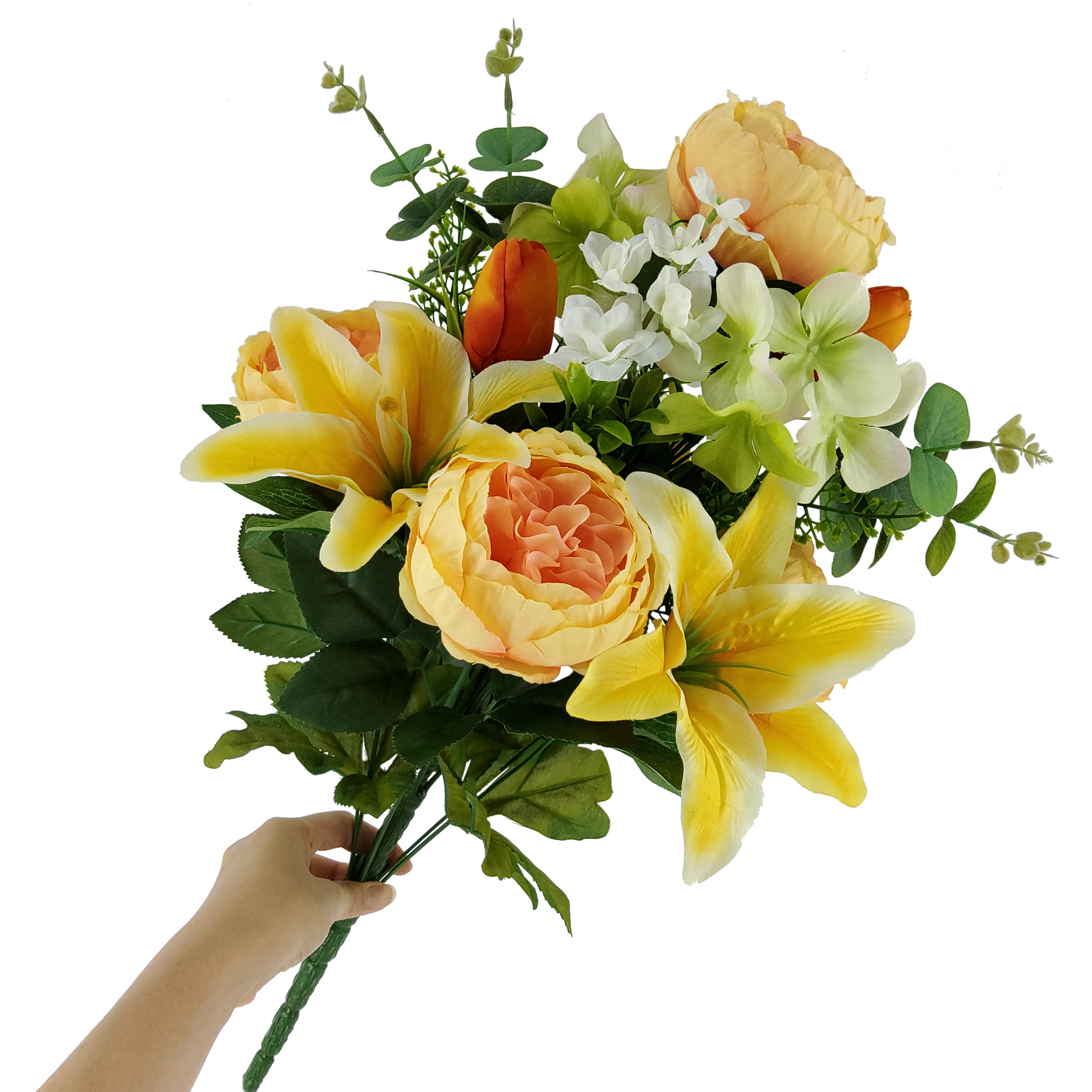 Mainstays 21 in Indoor/Outdoor Artificial Lily & Cabbage Rose Bouquet, Yellow