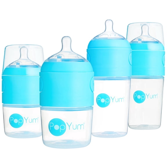 PopYum Blue Formula Making Baby Bottle Starter Set, 4-Pack, 2x 5oz Bottles with #1 Slow Flow Nipples 2x 9oz Bottles with #2 Medium Flow Nipples, Mixing, Dispenser