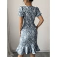 thumbnail image 2 of Dusty Blue Floral Embroidered Puff Sleeve Ruffle Hem Midi Fit & Flare Dress, 2 of 30