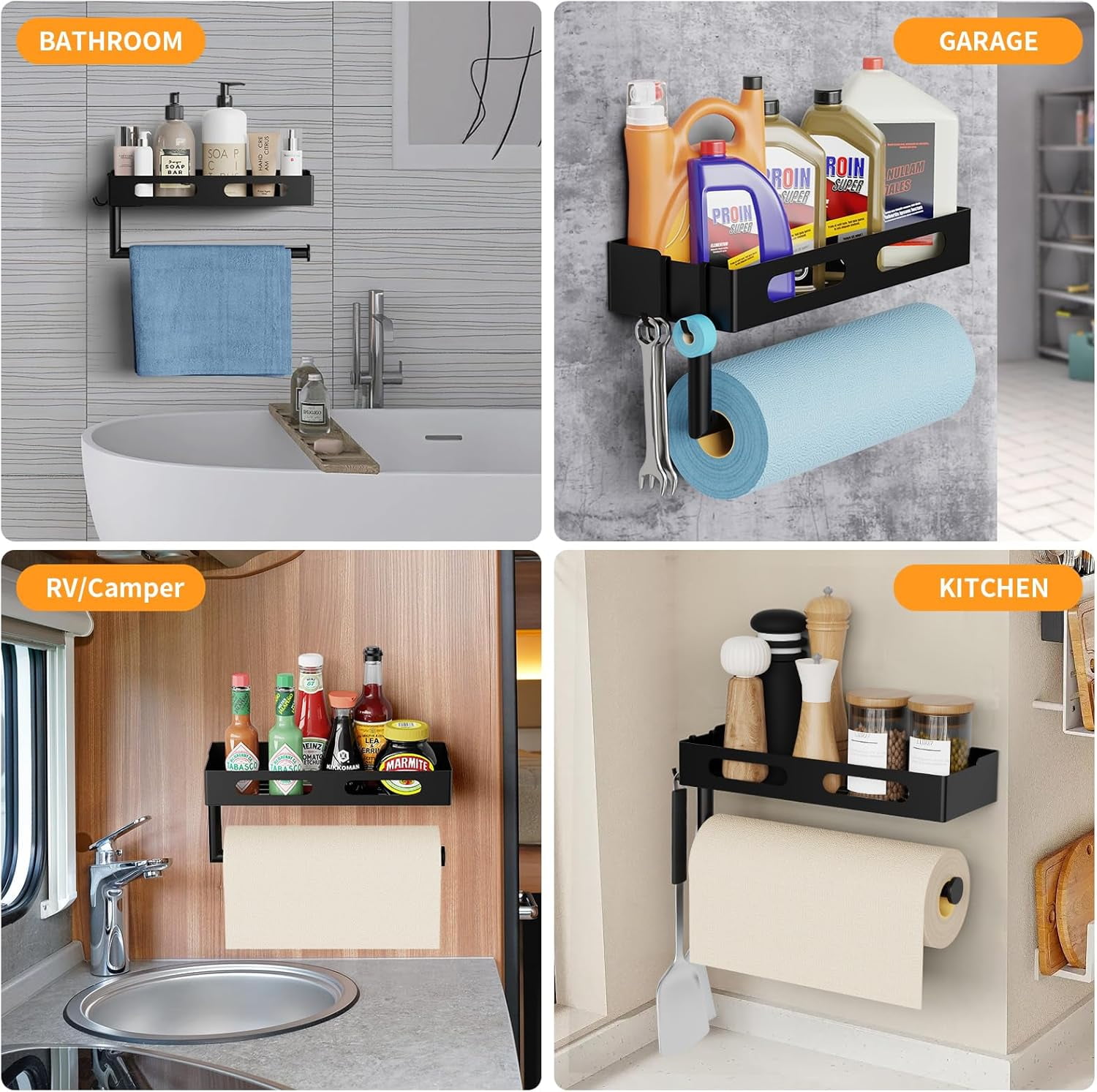 Paper Towel Holder Wall Mount for Kitchen, Paper Towel Holder with Shelf for Bathroom, RV Paper Towel Rack, Spice Rack with 2 Hooks,Matte Black