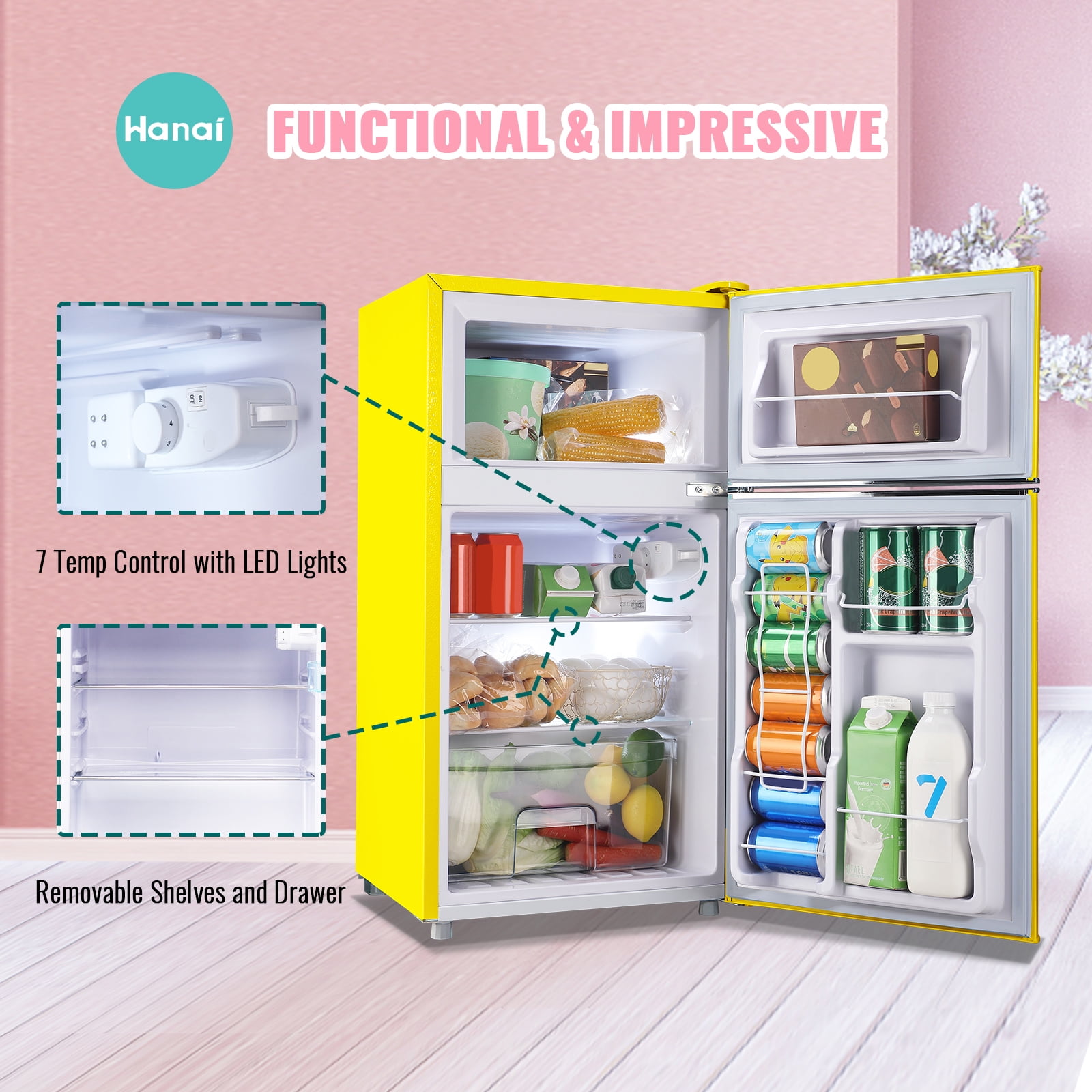 WANAI, Mini Fridge, 3.5 Cu.ft Compact, Freezer & Handle, Yellow