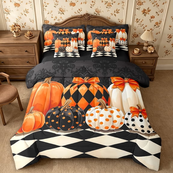 Erosebridal Pumpkin Variety 7-Piece Twin Bedding,Fall Harvest Bedding Comforter Set,Dark Grey,Reversible