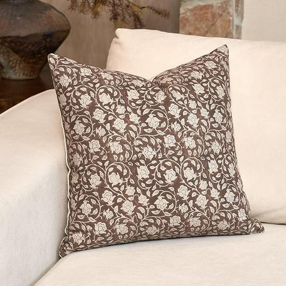 Pillow Cover Floral Pillow Cover s 18x18, Throw Pillows for Couch, Block Print Pillow Cover , Decorative Neutral Accent Throw Pillow Cover s for Living Room, 1PC, Brown