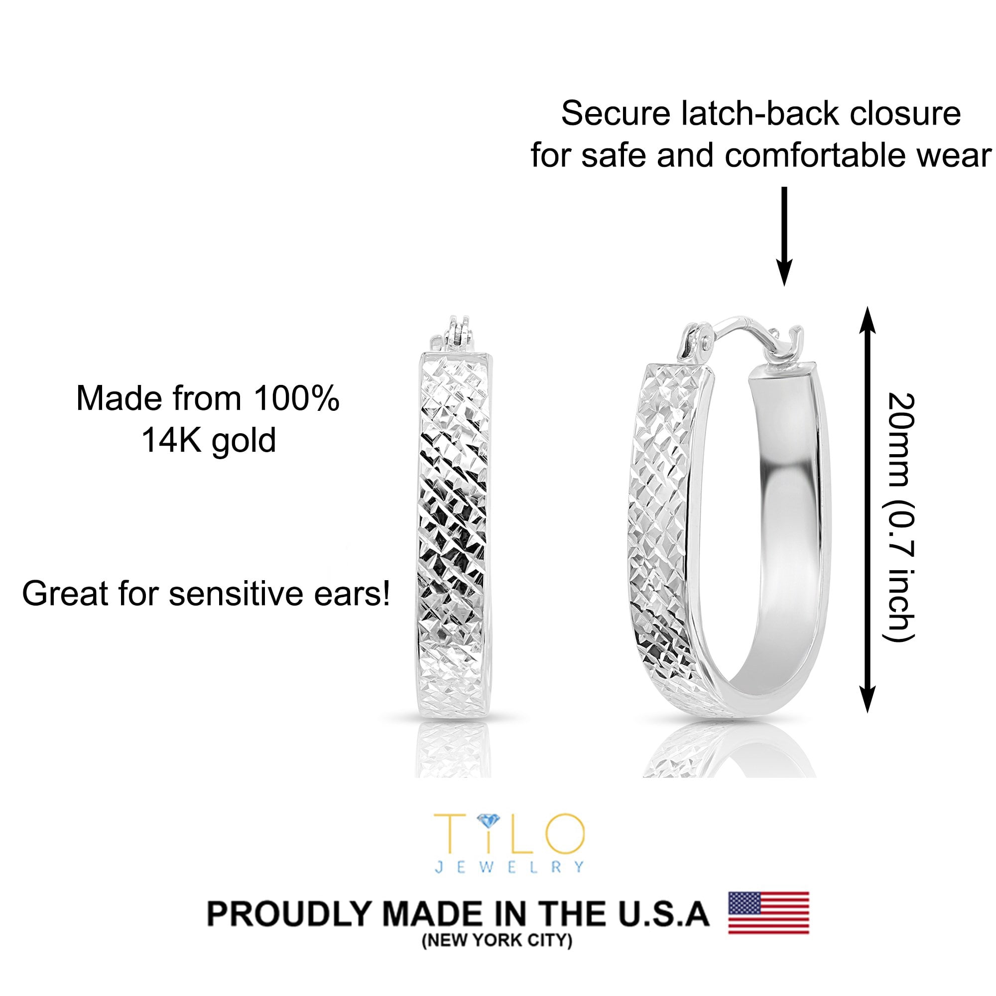 Tilo Jewelry 14K White Gold Hand Engraved X-Pattern Diamond Cut U-Shape Oval Hoop Earrings for Women