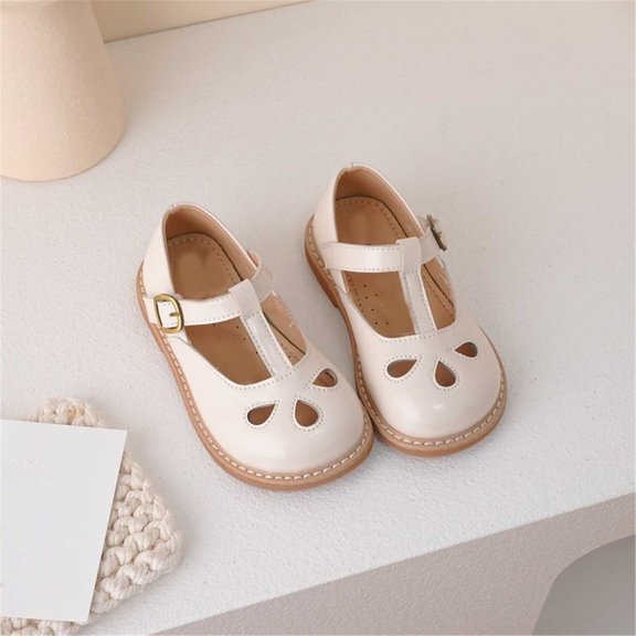 AUDeals Girls Mary Jane Dress Shoes - Hollow Out T Strap Flats with Buckle for School Party Wear (Beige, 9.5-10 Years)