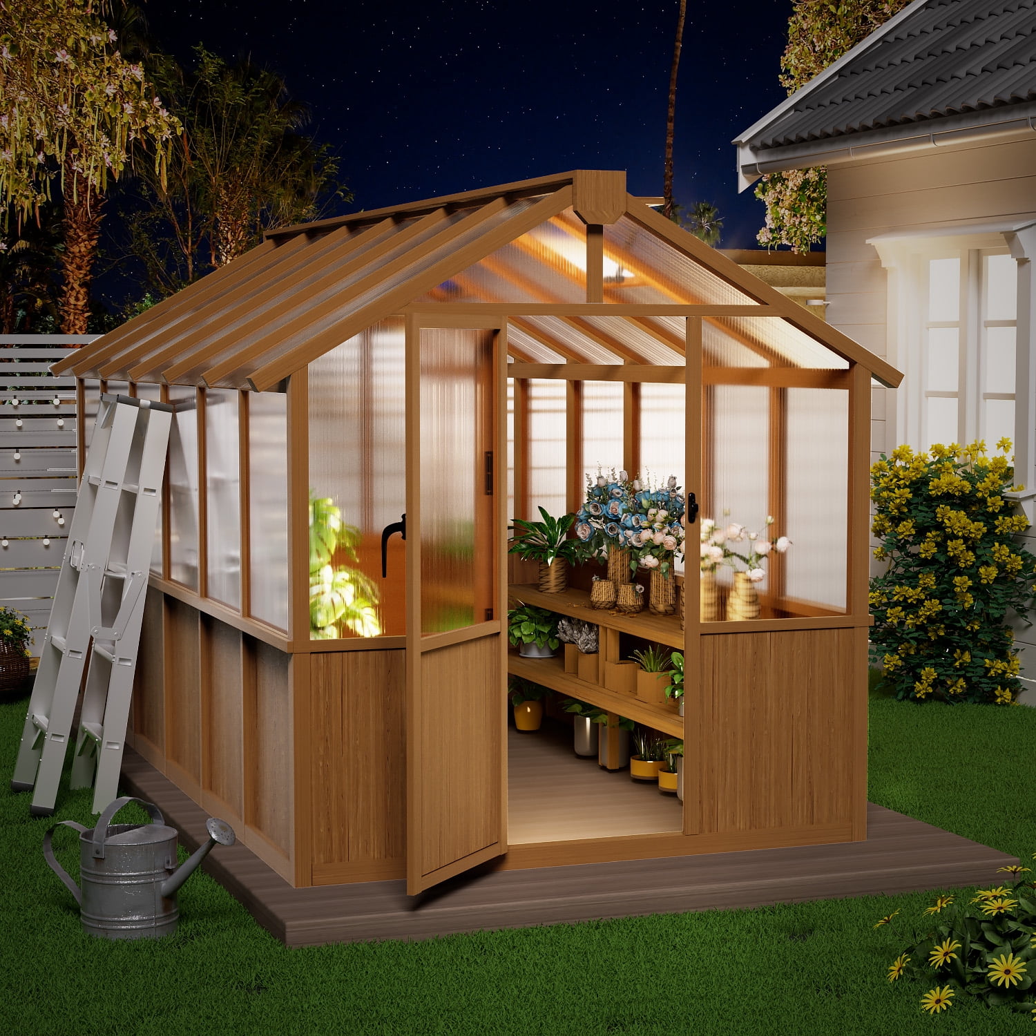 EASYHAWK 6 ft. x 12 ft. Wood Greenhouse for Outdoors, Polycarbonate Panel Wooden Walk-in Greenhouse Kit and Adjustable Roof Vent Backyard Garden,Patio