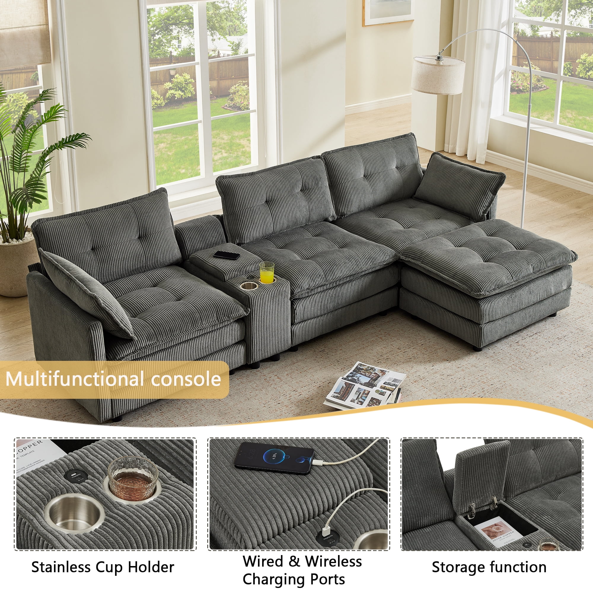 Gewnee 119" L-Shaped Sectional Sofa,Modern Corduroy Modular Sofa Couch with Storage Function,USB &Cup Holders,Movable Ottoman Sectional Couch for Living Room,Gray